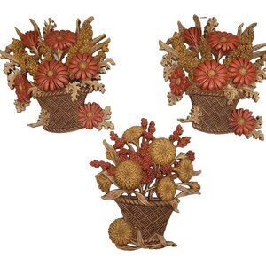 Basket of Orange Fall Flowers Wall Plaques Burwood Products 1977 MCM Granny Core